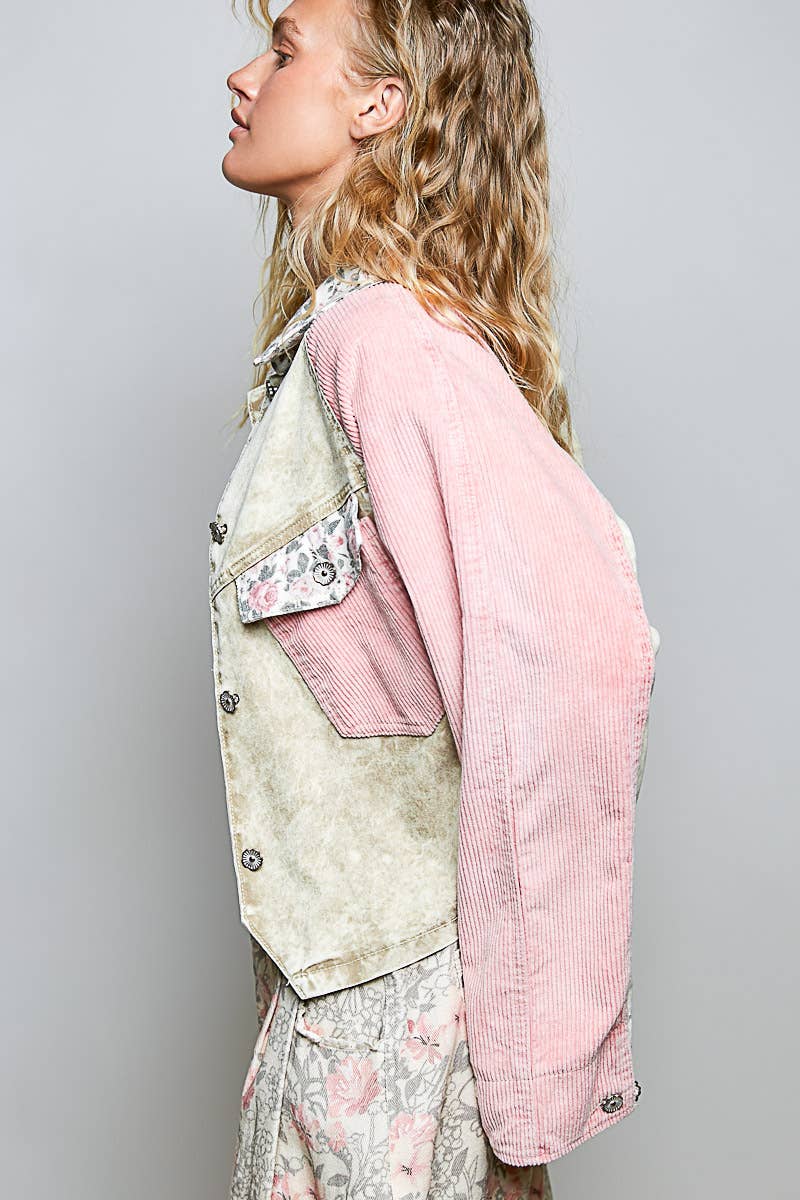 Soft Corduroy Sleeves Contrast Cropped Patchwork Jacket
