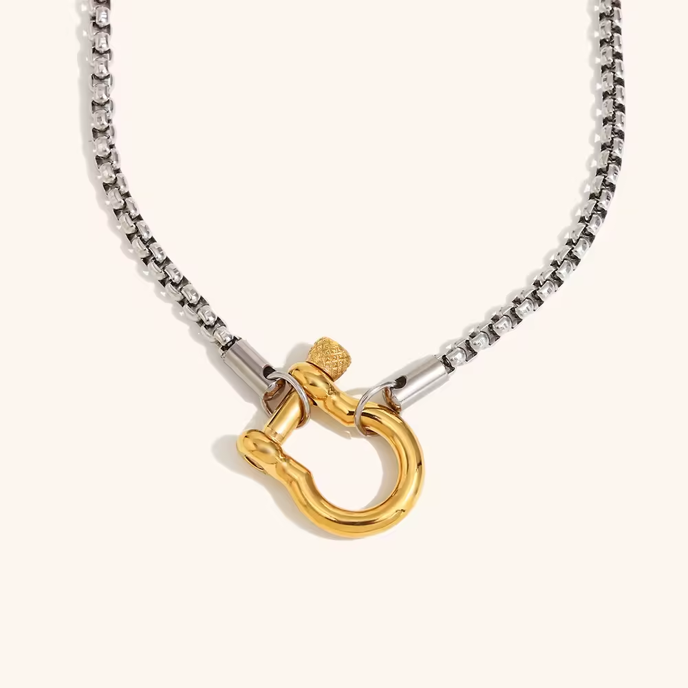 Buckle Lock Necklace - Shackle Clasp Box Chain - Stainless Steel