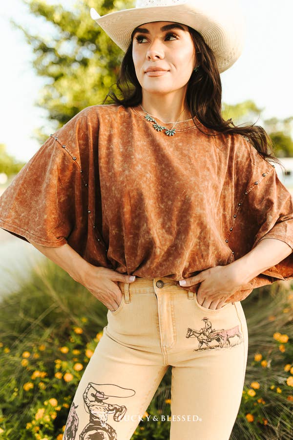 Camel Mineral Wash Studded Side Seam Oversized Tee XL-3XL