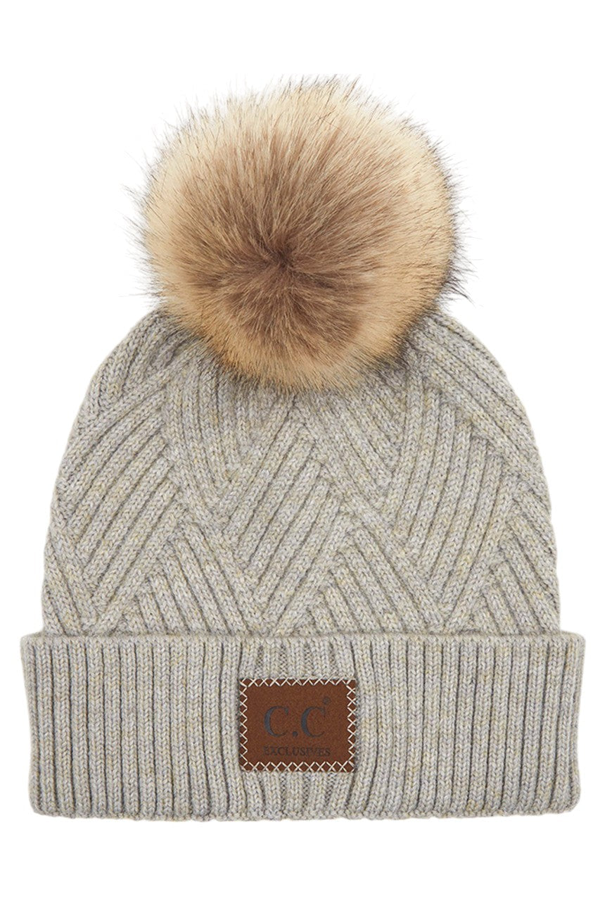 C.C Women's Heather Beanie Hat With Pom And Suede Patch