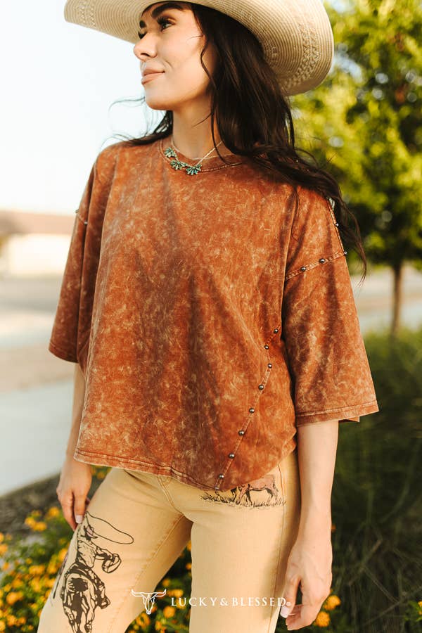 Camel Mineral Wash Studded Side Seam Oversized Tee XL-3XL