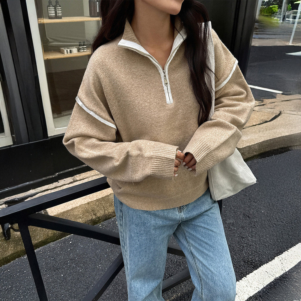 Casual Simple Solid Color Long Sleeve Zipper Sweaters Women Clothing Autumn Winter