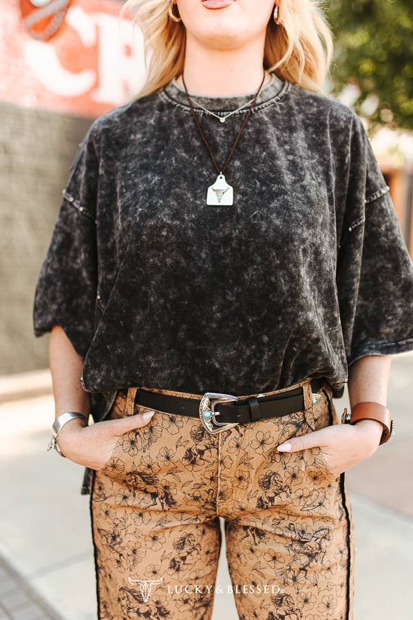 New-Black Mineral Wash Studded Oversized Boyfriend Tee