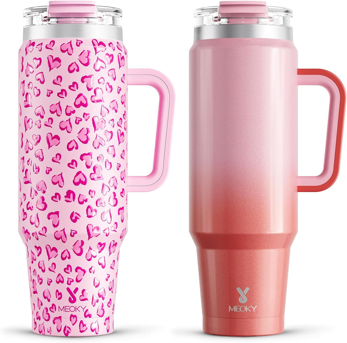Meoky 40 oz Tumbler with Handle and Straw 2 Pack, Insulated Tumbler with Lid and Straw, Stainless Steel Travel Mug, Keeps Cold for 34 Hours, 100% Leak Proof, Fits in Car Cup Holder (Love & Flamingo)