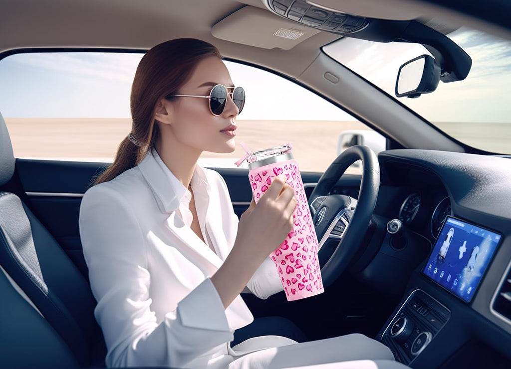 Meoky 40 oz Tumbler with Handle and Straw 2 Pack, Insulated Tumbler with Lid and Straw, Stainless Steel Travel Mug, Keeps Cold for 34 Hours, 100% Leak Proof, Fits in Car Cup Holder (Love & Flamingo)