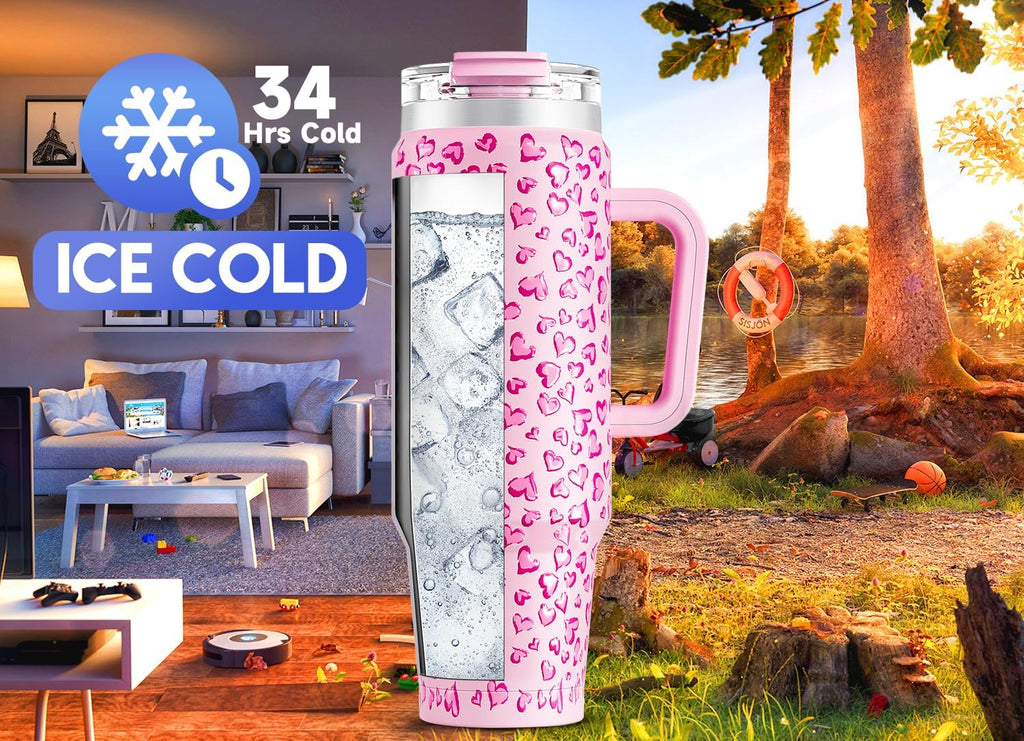 Meoky 40 oz Tumbler with Handle and Straw 2 Pack, Insulated Tumbler with Lid and Straw, Stainless Steel Travel Mug, Keeps Cold for 34 Hours, 100% Leak Proof, Fits in Car Cup Holder (Love & Flamingo)