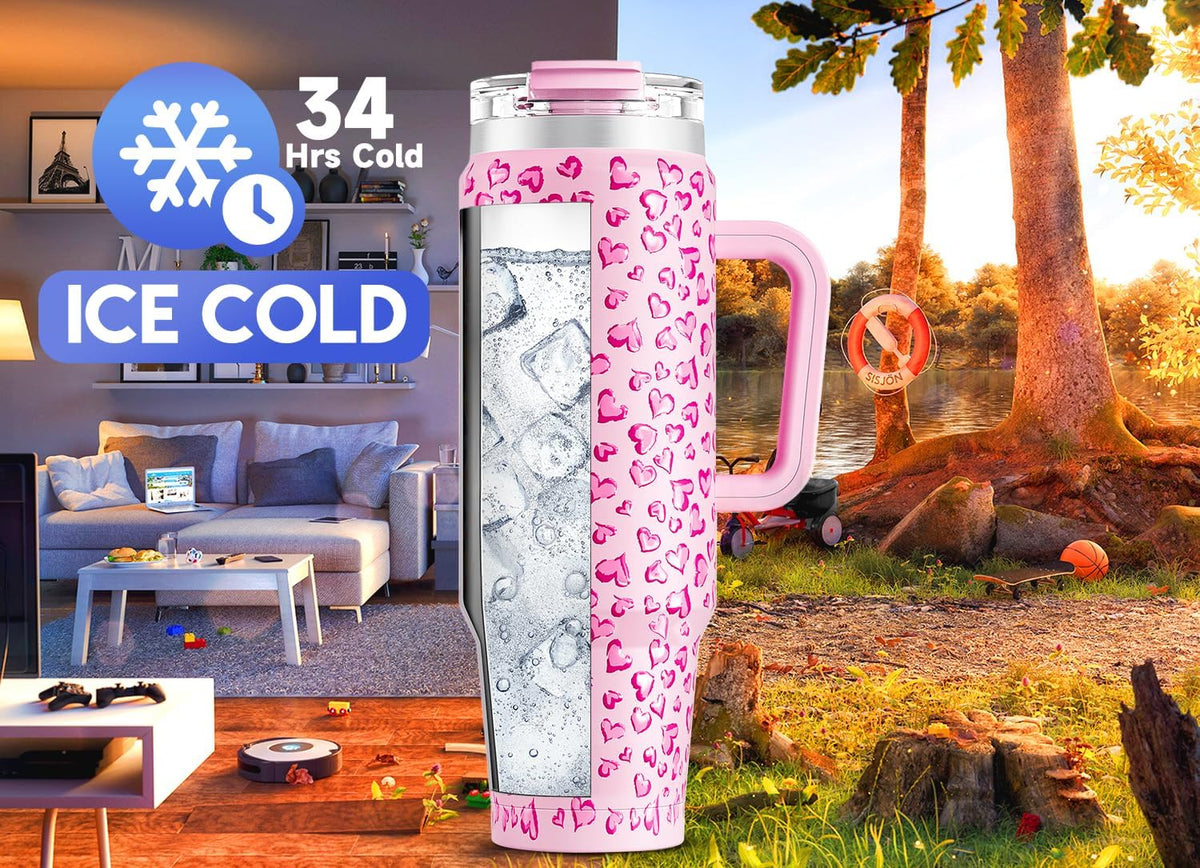 Meoky 40 oz Tumbler with Handle and Straw 2 Pack, Insulated Tumbler with Lid and Straw, Stainless Steel Travel Mug, Keeps Cold for 34 Hours, 100% Leak Proof, Fits in Car Cup Holder (Love & Flamingo)