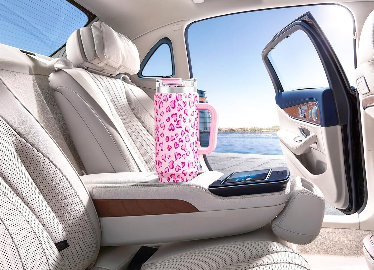 Meoky 40 oz Tumbler with Handle and Straw 2 Pack, Insulated Tumbler with Lid and Straw, Stainless Steel Travel Mug, Keeps Cold for 34 Hours, 100% Leak Proof, Fits in Car Cup Holder (Love & Flamingo)