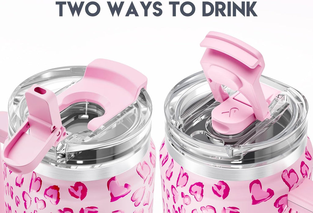Meoky 40 oz Tumbler with Handle and Straw 2 Pack, Insulated Tumbler with Lid and Straw, Stainless Steel Travel Mug, Keeps Cold for 34 Hours, 100% Leak Proof, Fits in Car Cup Holder (Love & Flamingo)