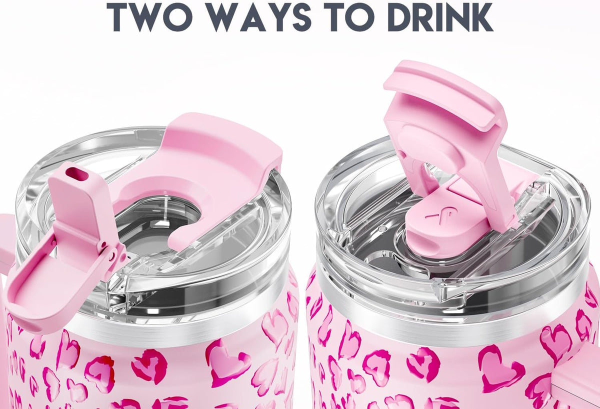 Meoky 40 oz Tumbler with Handle and Straw 2 Pack, Insulated Tumbler with Lid and Straw, Stainless Steel Travel Mug, Keeps Cold for 34 Hours, 100% Leak Proof, Fits in Car Cup Holder (Love & Flamingo)