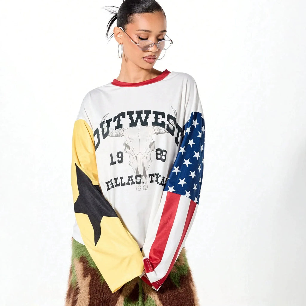 White Graphic Print T-Shirt | Colorblock Patchwork Long Sleeve Top