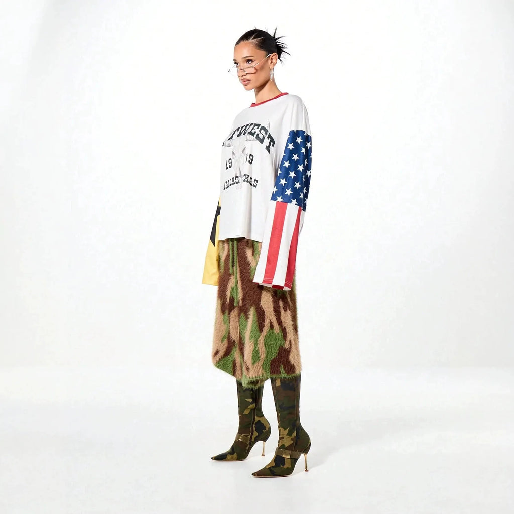 White Graphic Print T-Shirt | Colorblock Patchwork Long Sleeve Top