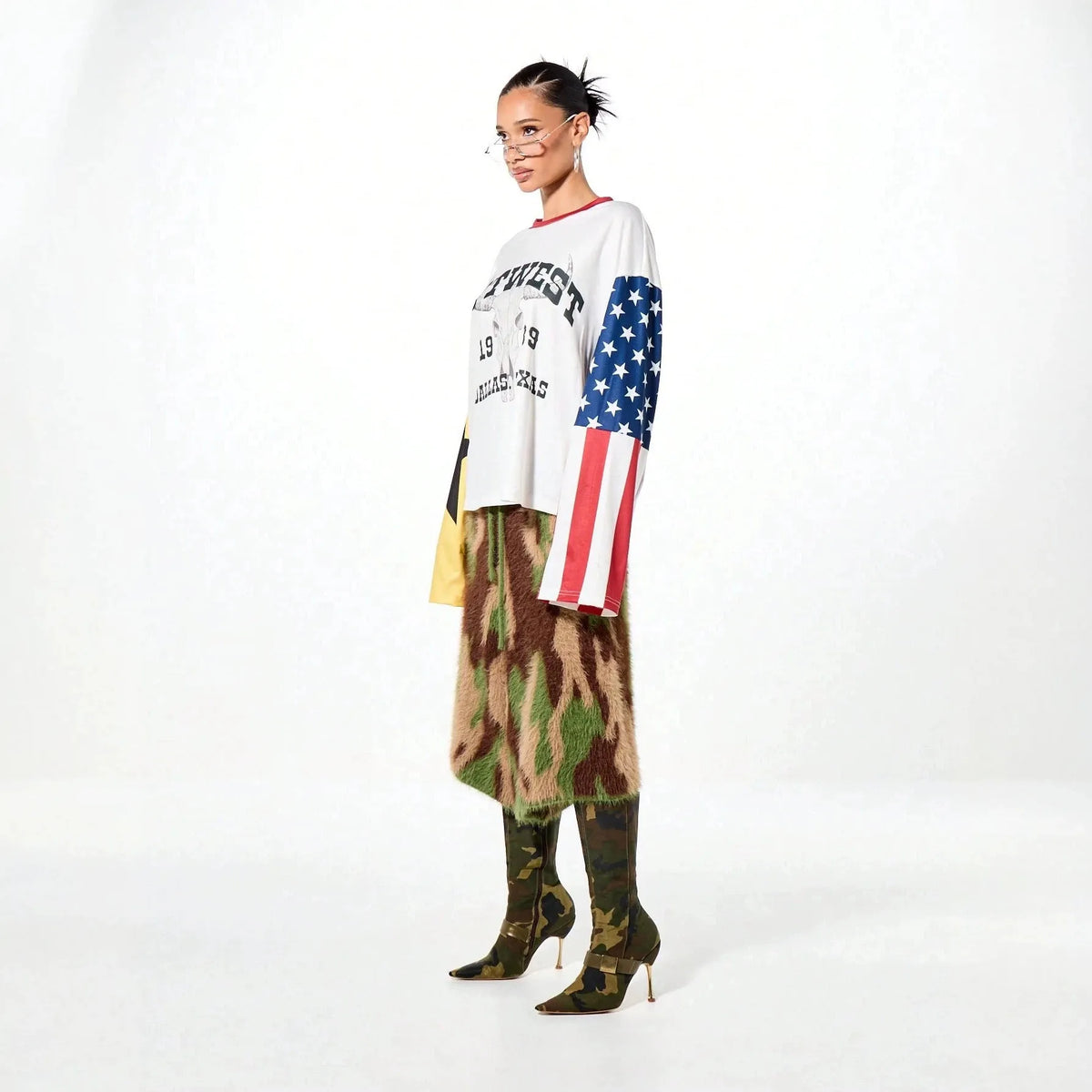 White Graphic Print T-Shirt | Colorblock Patchwork Long Sleeve Top