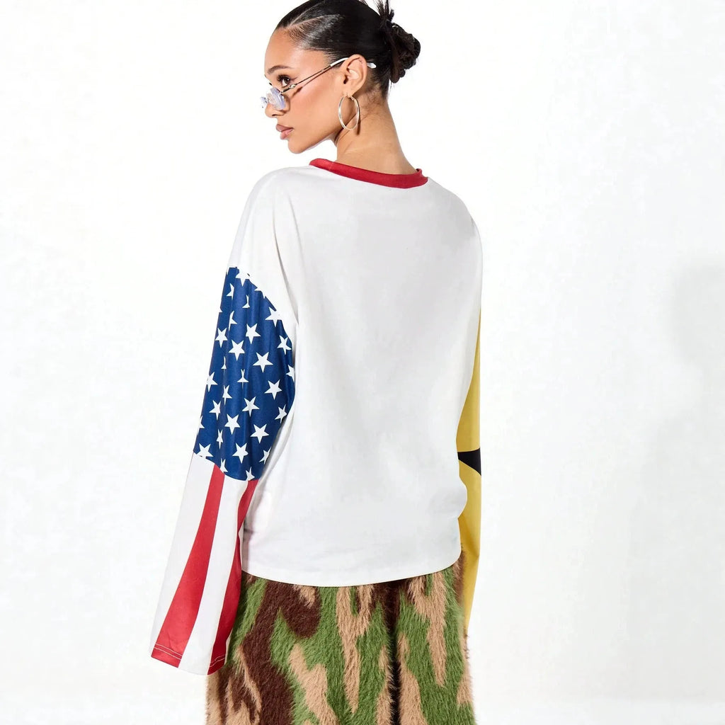 White Graphic Print T-Shirt | Colorblock Patchwork Long Sleeve Top