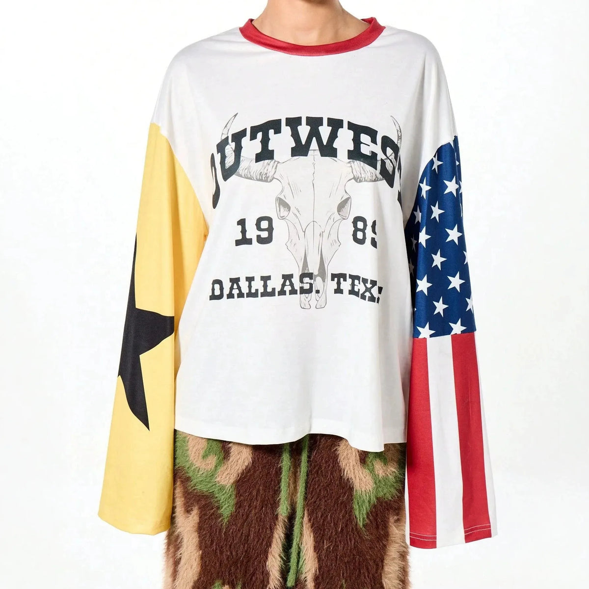 White Graphic Print T-Shirt | Colorblock Patchwork Long Sleeve Top