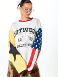 White Graphic Print T-Shirt | Colorblock Patchwork Long Sleeve Top